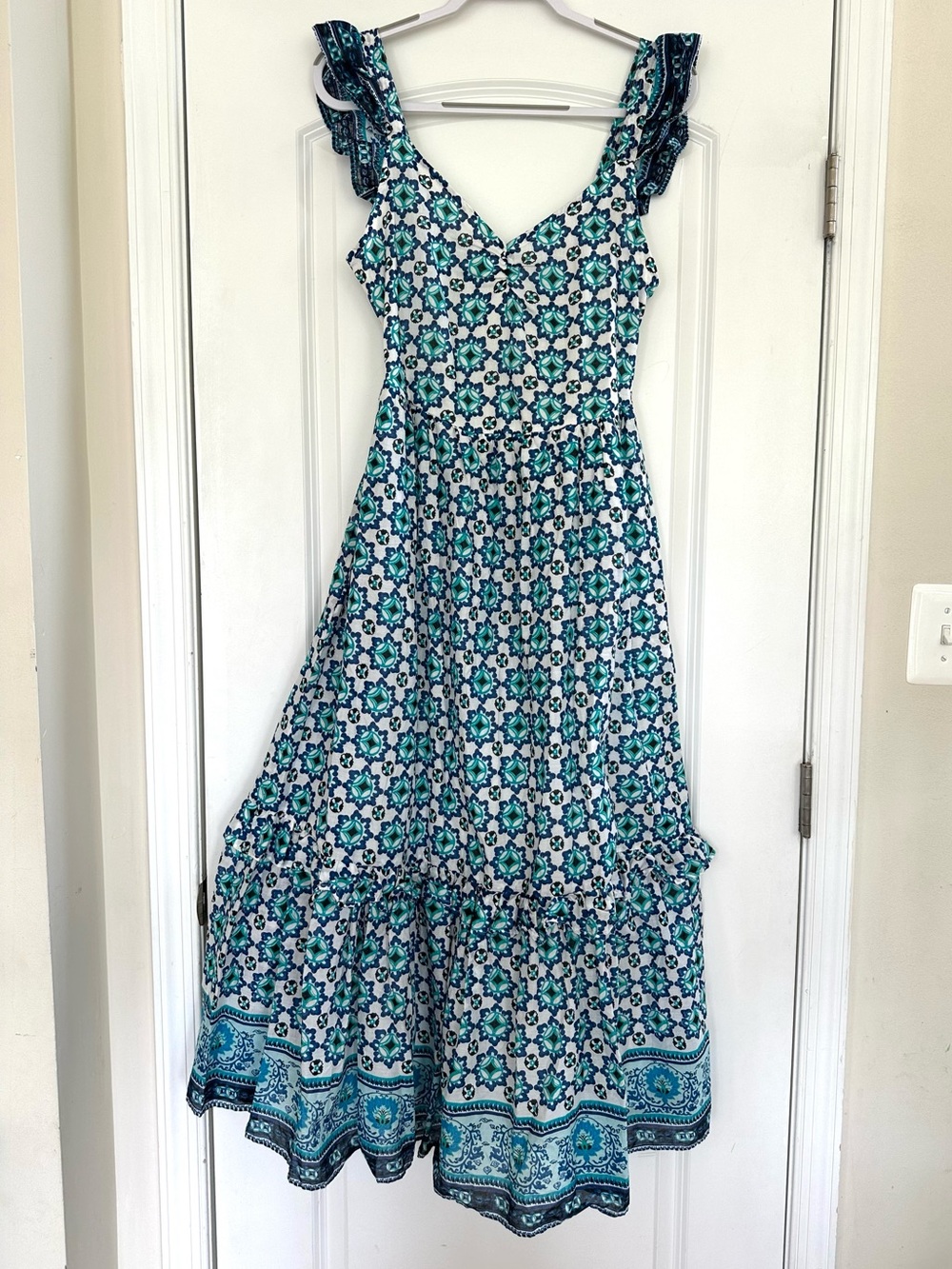 Lucky Brand Teal Blue White Maxi Dress Sleeveless Pockets Medium Block Print